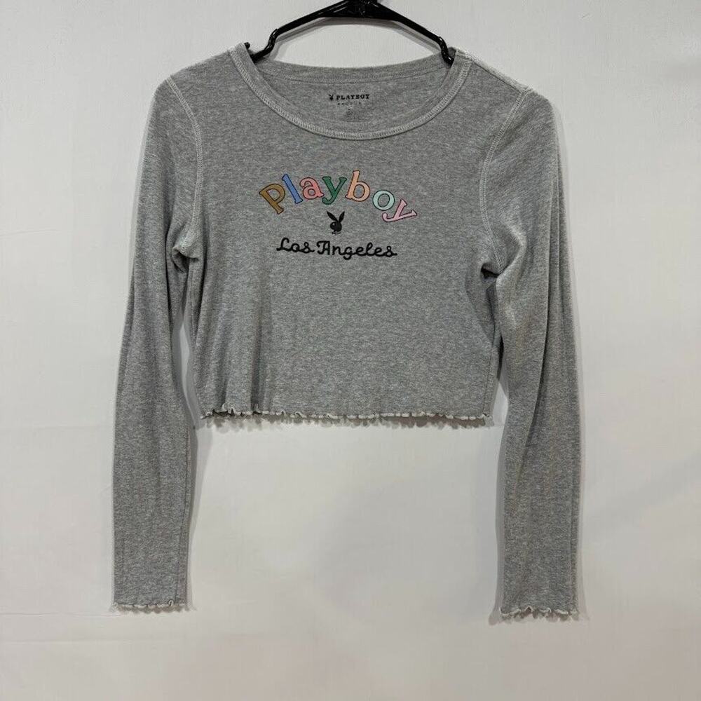 Playboy by PacSun Women's Medium Gray Crop Top Long Sleeve Lettuce Hem
